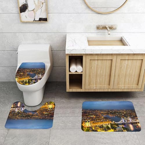 QRFASFZO 3 Stück Badematten und WC Vorleger Microfaser Weiches Badteppich badvorleger rutschfest Waschbar Badezimmerteppich Set,Modern, Sonnenuntergang im Nachtlicht der Stadtlandschaft von London, von QRFASFZO