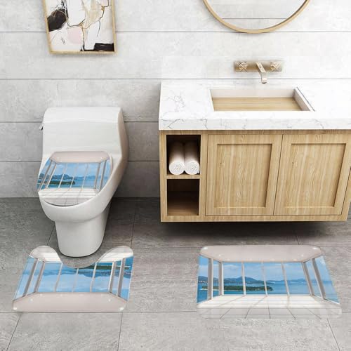QRFASFZO 3 Stück Badematten und WC Vorleger Microfaser Weiches Badteppich badvorleger rutschfest Waschbar Badezimmerteppich Set,Moderne Lounge mit winziger l, Ozean, Meereslandschaft, Wolken, offene von QRFASFZO