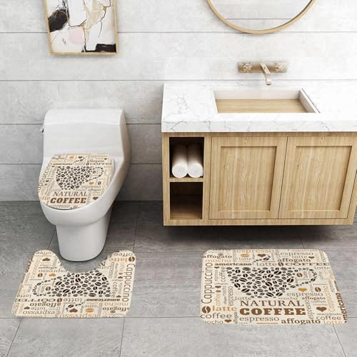 QRFASFZO 3 Stück Badematten und WC Vorleger Microfaser Weiches Badteppich badvorleger rutschfest Waschbar Badezimmerteppich Set,Moderner Latte Cappuccino Affogato Natural mit tassenförmigen Kaffeebo von QRFASFZO