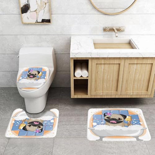 QRFASFZO 3 Stück Badematten und WC Vorleger Microfaser Weiches Badteppich badvorleger rutschfest Waschbar Badezimmerteppich Set,Mops, Karikatur eines Hundes mit Badeblasen, Bunte Blume, lustiges Tie von QRFASFZO