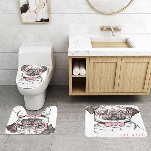 QRFASFZO 3 Stück Badematten und WC Vorleger Microfaser Weiches Badteppich badvorleger rutschfest Waschbar Badezimmerteppich Set,Mops, süßer Hund mit rosa Fliege übergroße Brille handgezeichnet Domes QRFASFZO 3 Stück Badematten und WC Vorleger Microfaser Weiches Badteppich badvorleger rutschfest Waschbar Badezimmerteppich Set,Mops, süßer Hund mit rosa Fliege übergroße Brille handgezeichnet Domes von QRFASFZO