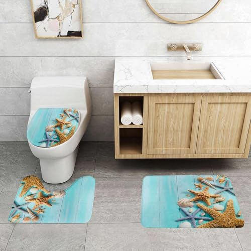 QRFASFZO 3 Stück Badematten und WC Vorleger Microfaser Weiches Badteppich badvorleger rutschfest Waschbar Badezimmerteppich Set,Muschel Seestern Muschel Muschel Türkis Holzbrett Frisches Ozean Desig von QRFASFZO