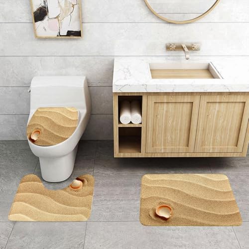 QRFASFZO 3 Stück Badematten und WC Vorleger Microfaser Weiches Badteppich badvorleger rutschfest Waschbar Badezimmerteppich Set,Muscheln, Muscheln auf goldgelbem Sand spirituelles Meeresküstenthema von QRFASFZO