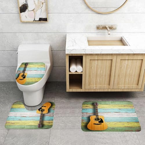 QRFASFZO 3 Stück Badematten und WC Vorleger Microfaser Weiches Badteppich badvorleger rutschfest Waschbar Badezimmerteppich Set,Musikdekor, Akustikgitarre auf bunt bemalten Alten Holzbrettern, rusti QRFASFZO 3 Stück Badematten und WC Vorleger Microfaser Weiches Badteppich badvorleger rutschfest Waschbar Badezimmerteppich Set,Musikdekor, Akustikgitarre auf bunt bemalten Alten Holzbrettern, rusti von QRFASFZO