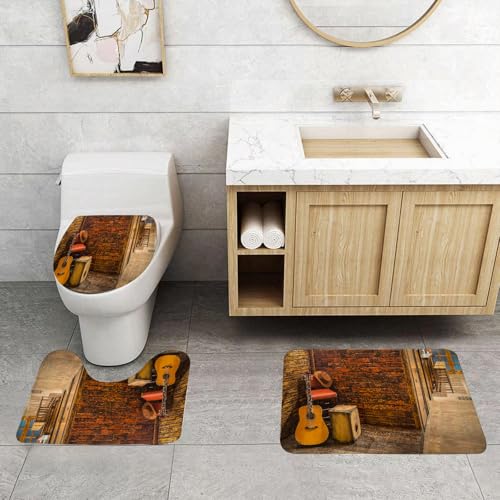 QRFASFZO 3 Stück Badematten und WC Vorleger Microfaser Weiches Badteppich badvorleger rutschfest Waschbar Badezimmerteppich Set,Musikset, Musikinstrumente auf Holzbühne in Einer Getränkebar, Theke QRFASFZO 3 Stück Badematten und WC Vorleger Microfaser Weiches Badteppich badvorleger rutschfest Waschbar Badezimmerteppich Set,Musikset, Musikinstrumente auf Holzbühne in Einer Getränkebar, Theke von QRFASFZO