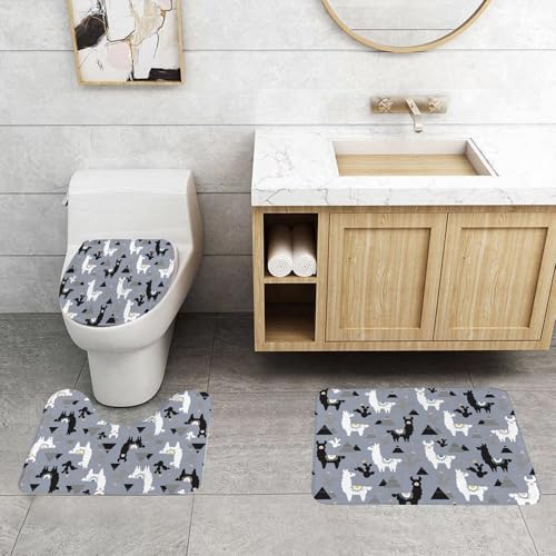 QRFASFZO 3 Stück Badematten und WC Vorleger Microfaser Weiches Badteppich badvorleger rutschfest Waschbar Badezimmerteppich Set,Muster aus Lama-Kaktus und Bergen. Ideal für Stofftextilien. von QRFASFZO
