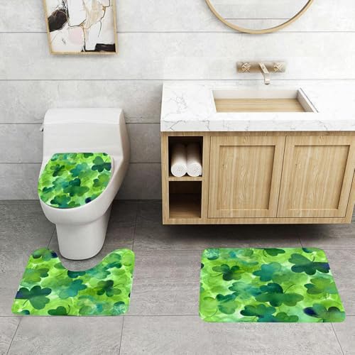 QRFASFZO 3 Stück Badematten und WC Vorleger Microfaser Weiches Badteppich badvorleger rutschfest Waschbar Badezimmerteppich Set,Muster mit handgezeichneten Aquarell-Kleeblättern auf grünem Hintergru von QRFASFZO