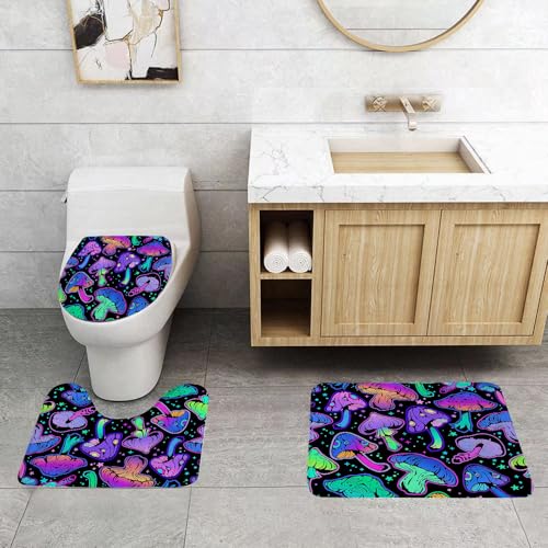 QRFASFZO 3 Stück Badematten und WC Vorleger Microfaser Weiches Badteppich badvorleger rutschfest Waschbar Badezimmerteppich Set,Nahtlose Illustration mit Hellen psychedelischen Pilzen von QRFASFZO