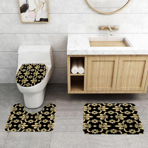 QRFASFZO 3 Stück Badematten und WC Vorleger Microfaser Weiches Badteppich badvorleger rutschfest Waschbar Badezimmerteppich Set,Nahtlose schwarz-goldene Vintage mittelalterlichen von QRFASFZO
