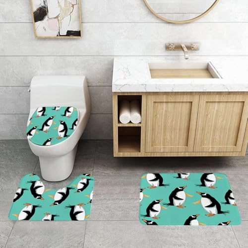 QRFASFZO 3 Stück Badematten und WC Vorleger Microfaser Weiches Badteppich badvorleger rutschfest Waschbar Badezimmerteppich Set,Nahtloses Muster Subantarktischer Pinguin Papua auf blauem Hintergrund von QRFASFZO