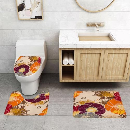 QRFASFZO 3 Stück Badematten und WC Vorleger Microfaser Weiches Badteppich badvorleger rutschfest Waschbar Badezimmerteppich Set,Nahtloses Muster mit Blumen und Pflanzen. Blumen- Hintergrund. Sommer- von QRFASFZO