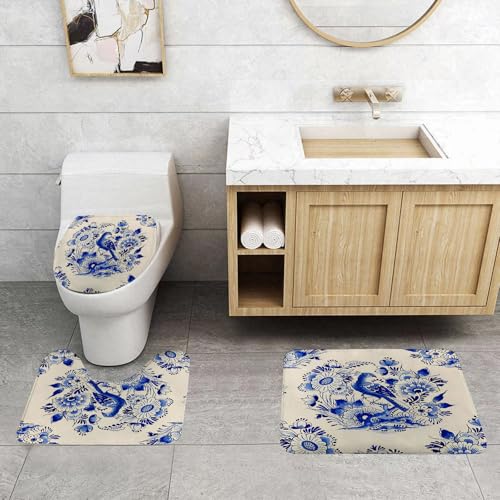 QRFASFZO 3 Stück Badematten und WC Vorleger Microfaser Weiches Badteppich badvorleger rutschfest Waschbar Badezimmerteppich Set,Nahtloses Muster mit Fantasieblumen, natürlichen Tapeten, floralen DEK von QRFASFZO