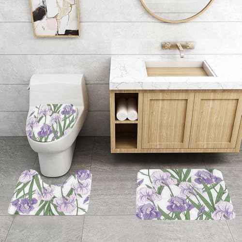 QRFASFZO 3 Stück Badematten und WC Vorleger Microfaser Weiches Badteppich badvorleger rutschfest Waschbar Badezimmerteppich Set,Nahtloses Muster mit Fleur de Lis, violetten Blüten und grünen Blätter QRFASFZO 3 Stück Badematten und WC Vorleger Microfaser Weiches Badteppich badvorleger rutschfest Waschbar Badezimmerteppich Set,Nahtloses Muster mit Fleur de Lis, violetten Blüten und grünen Blätter von QRFASFZO