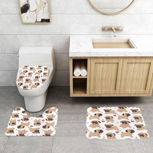 QRFASFZO 3 Stück Badematten und WC Vorleger Microfaser Weiches Badteppich badvorleger rutschfest Waschbar Badezimmerteppich Set,Nahtloses Muster mit dem Bild eines lustigen Cartoon-Mopswelpen. Vekto von QRFASFZO