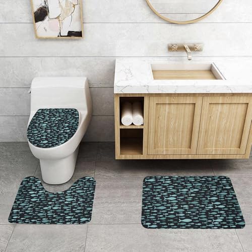 QRFASFZO 3 Stück Badematten und WC Vorleger Microfaser Weiches Badteppich badvorleger rutschfest Waschbar Badezimmerteppich Set,Nahtloses Muster mit einem Fischschwarm. Tapeten mit Silhouetten klein von QRFASFZO