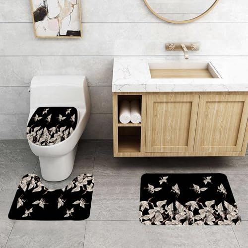 QRFASFZO 3 Stück Badematten und WC Vorleger Microfaser Weiches Badteppich badvorleger rutschfest Waschbar Badezimmerteppich Set,Nahtloses Muster mit japanischen weißen en in verschiedenen Posen f von QRFASFZO