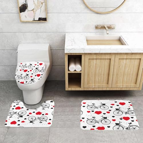 QRFASFZO 3 Stück Badematten und WC Vorleger Microfaser Weiches Badteppich badvorleger rutschfest Waschbar Badezimmerteppich Set,Nahtloses Muster schwarzes Fahrrad und rotes Herz auf weißem QRFASFZO 3 Stück Badematten und WC Vorleger Microfaser Weiches Badteppich badvorleger rutschfest Waschbar Badezimmerteppich Set,Nahtloses Muster schwarzes Fahrrad und rotes Herz auf weißem von QRFASFZO