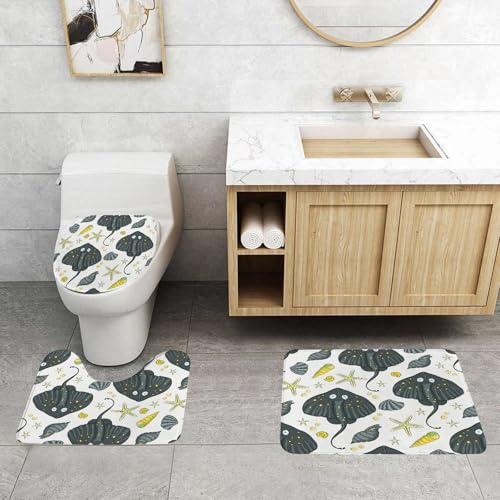 QRFASFZO 3 Stück Badematten und WC Vorleger Microfaser Weiches Badteppich badvorleger rutschfest Waschbar Badezimmerteppich Set,Nahtloses Vektormuster im Meer. Tropische exotische Illustration des O von QRFASFZO