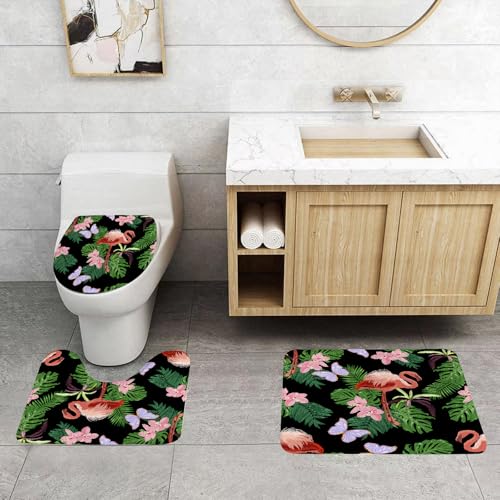 QRFASFZO 3 Stück Badematten und WC Vorleger Microfaser Weiches Badteppich badvorleger rutschfest Waschbar Badezimmerteppich Set,Nahtloses Vektormuster mit rosa Flamingo-Tropenblättern, Orchideen und QRFASFZO 3 Stück Badematten und WC Vorleger Microfaser Weiches Badteppich badvorleger rutschfest Waschbar Badezimmerteppich Set,Nahtloses Vektormuster mit rosa Flamingo-Tropenblättern, Orchideen und von QRFASFZO