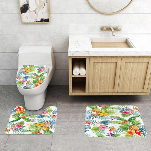 QRFASFZO 3 Stück Badematten und WC Vorleger Microfaser Weiches Badteppich badvorleger rutschfest Waschbar Badezimmerteppich Set,Nahtloses tropisches Muster mit Ananas, Palmblättern und Blüten. Vekto QRFASFZO 3 Stück Badematten und WC Vorleger Microfaser Weiches Badteppich badvorleger rutschfest Waschbar Badezimmerteppich Set,Nahtloses tropisches Muster mit Ananas, Palmblättern und Blüten. Vekto von QRFASFZO