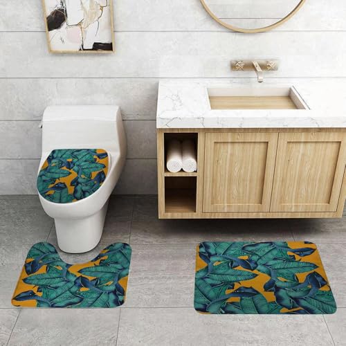 QRFASFZO 3 Stück Badematten und WC Vorleger Microfaser Weiches Badteppich badvorleger rutschfest Waschbar Badezimmerteppich Set,Nahtloses tropisches Muster mit blauen Pflanzen und Blättern auf Bunte von QRFASFZO