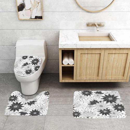 QRFASFZO 3 Stück Badematten und WC Vorleger Microfaser Weiches Badteppich badvorleger rutschfest Waschbar Badezimmerteppich Set,Nahtloses weißes und schwarzes Blumenmuster mit Vintage-Blumen QRFASFZO 3 Stück Badematten und WC Vorleger Microfaser Weiches Badteppich badvorleger rutschfest Waschbar Badezimmerteppich Set,Nahtloses weißes und schwarzes Blumenmuster mit Vintage-Blumen von QRFASFZO