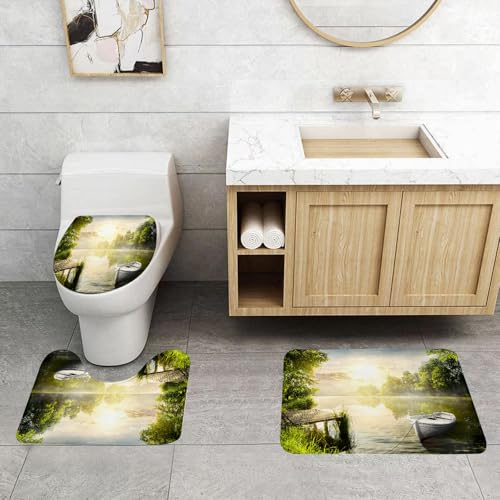 QRFASFZO 3 Stück Badematten und WC Vorleger Microfaser Weiches Badteppich badvorleger rutschfest Waschbar Badezimmerteppich Set,Natur, Boot auf dem nebligen Seedeck, verträumter Wald am Morgen, Bild QRFASFZO 3 Stück Badematten und WC Vorleger Microfaser Weiches Badteppich badvorleger rutschfest Waschbar Badezimmerteppich Set,Natur, Boot auf dem nebligen Seedeck, verträumter Wald am Morgen, Bild von QRFASFZO