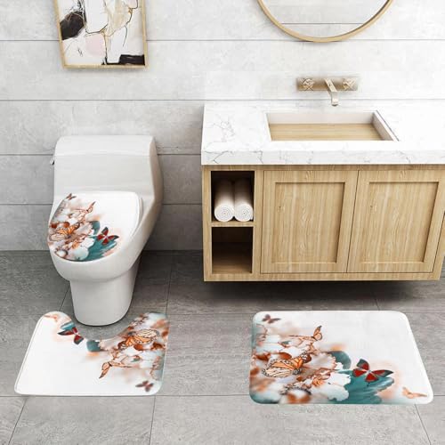 QRFASFZO 3 Stück Badematten und WC Vorleger Microfaser Weiches Badteppich badvorleger rutschfest Waschbar Badezimmerteppich Set,Natur, Bunte Schmetterlinge fliegen über Violette Blütenblätter Blu von QRFASFZO