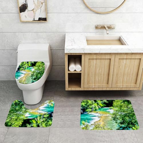 QRFASFZO 3 Stück Badematten und WC Vorleger Microfaser Weiches Badteppich badvorleger rutschfest Waschbar Badezimmerteppich Set,Natur, Exquisiter Dschungel mit Wasserfall, Magischer Waldsee, Traumbi von QRFASFZO