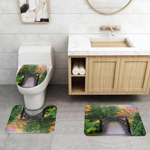 QRFASFZO 3 Stück Badematten und WC Vorleger Microfaser Weiches Badteppich badvorleger rutschfest Waschbar Badezimmerteppich Set,Natur, Holzbrücke im Portland Japanese Garden Oregon im Park nebligen von QRFASFZO