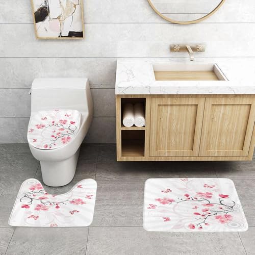 QRFASFZO 3 Stück Badematten und WC Vorleger Microfaser Weiches Badteppich badvorleger rutschfest Waschbar Badezimmerteppich Set,Natur, Kirschblütenschmetterlinge auf Streifen von Sonnenlicht QRFASFZO 3 Stück Badematten und WC Vorleger Microfaser Weiches Badteppich badvorleger rutschfest Waschbar Badezimmerteppich Set,Natur, Kirschblütenschmetterlinge auf Streifen von Sonnenlicht von QRFASFZO