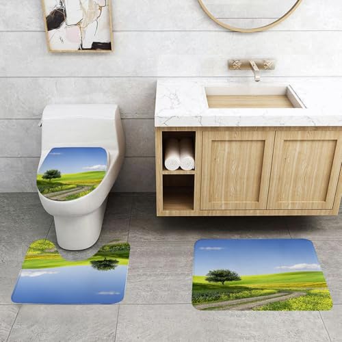 QRFASFZO 3 Stück Badematten und WC Vorleger Microfaser Weiches Badteppich badvorleger rutschfest Waschbar Badezimmerteppich Set,Natur, Landschaft mit Feldern aus Blumengras Idyllische Landschaft, he von QRFASFZO