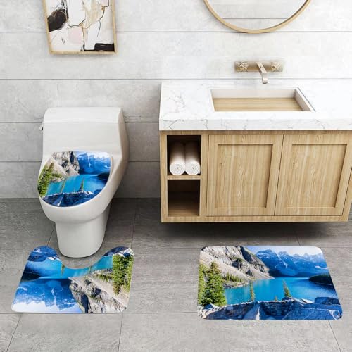 QRFASFZO 3 Stück Badematten und WC Vorleger Microfaser Weiches Badteppich badvorleger rutschfest Waschbar Badezimmerteppich Set,Natur, Moraine Lake, Banff-Nationalpark, Kanada, Berge, Kiefern, Tal d von QRFASFZO