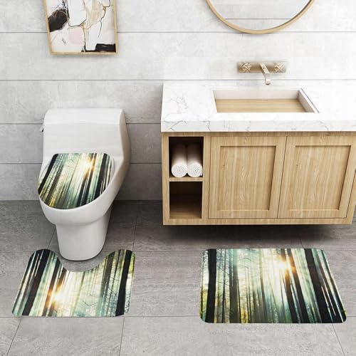 QRFASFZO 3 Stück Badematten und WC Vorleger Microfaser Weiches Badteppich badvorleger rutschfest Waschbar Badezimmerteppich Set,Natur, Nebel im Zauberwald mit Sonnen, weiche Hochflor-Badezimmerteppi von QRFASFZO