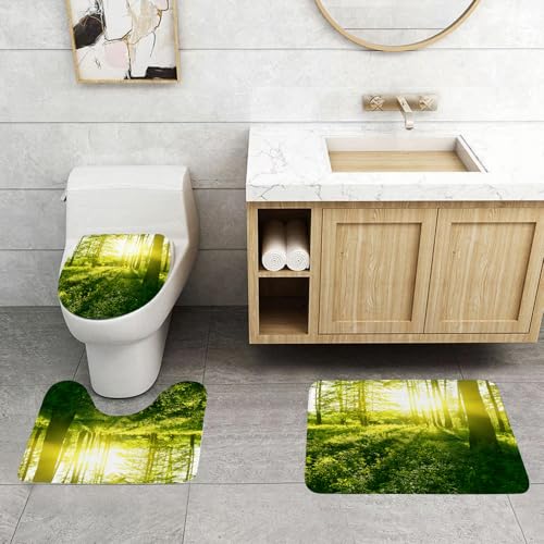 QRFASFZO 3 Stück Badematten und WC Vorleger Microfaser Weiches Badteppich badvorleger rutschfest Waschbar Badezimmerteppich Set,Natur, Sonnenaufgang im Wald Grönland Morgengras Kräuter Feld Bäume id von QRFASFZO