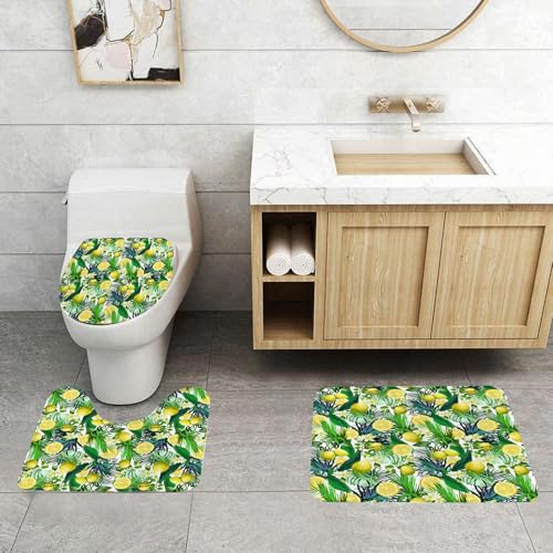 QRFASFZO 3 Stück Badematten und WC Vorleger Microfaser Weiches Badteppich badvorleger rutschfest Waschbar Badezimmerteppich Set,Natur, Tropische Pflanzen mit großen immergrünen Blättern Zitrone Bota von QRFASFZO