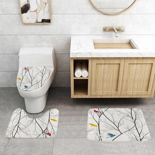 QRFASFZO 3 Stück Badematten und WC Vorleger Microfaser Weiches Badteppich badvorleger rutschfest Waschbar Badezimmerteppich Set,Natur, Vögel, Wildtiere, Cartoon-ähnliches Bild mit Baumblatt-Kunstdru von QRFASFZO