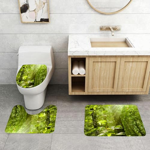 QRFASFZO 3 Stück Badematten und WC Vorleger Microfaser Weiches Badteppich badvorleger rutschfest Waschbar Badezimmerteppich Set,Natur, Wald mit Sonnenstrahlen Laub Zweige Wald Öko Dschungel Bild n von QRFASFZO