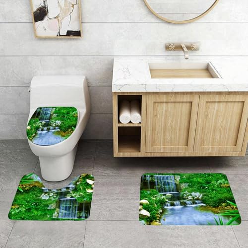 QRFASFZO 3 Stück Badematten und WC Vorleger Microfaser Weiches Badteppich badvorleger rutschfest Waschbar Badezimmerteppich Set,Natur, Wasserfall fließt die Felsen hinunter Laubkaskade im Waldtal bi von QRFASFZO