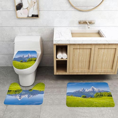QRFASFZO 3 Stück Badematten und WC Vorleger Microfaser Weiches Badteppich badvorleger rutschfest Waschbar Badezimmerteppich Set,Natur, Weidelandschaft in den Alpen mit Wiesen und Blumen der Norddeut von QRFASFZO