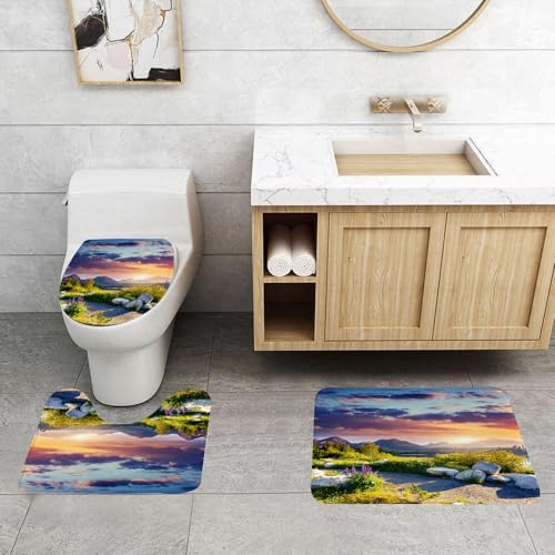 QRFASFZO 3 Stück Badematten und WC Vorleger Microfaser Weiches Badteppich badvorleger rutschfest Waschbar Badezimmerteppich Set,Natur, idyllische Skyline im Nationalpark an der europäischen Küste von QRFASFZO