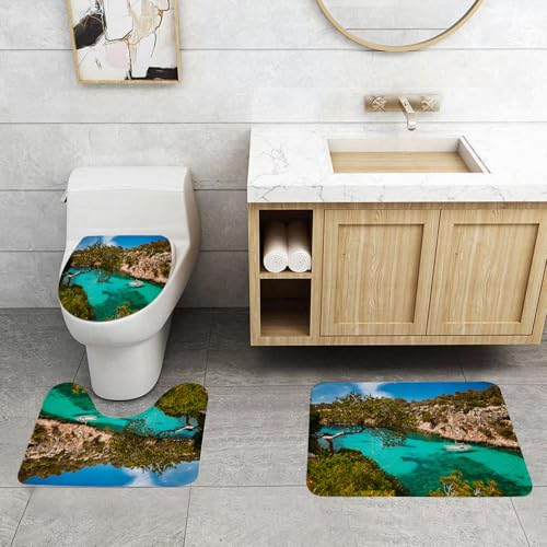QRFASFZO 3 Stück Badematten und WC Vorleger Microfaser Weiches Badteppich badvorleger rutschfest Waschbar Badezimmerteppich Set,Natur, kleine Yacht, die im Meer auf Mallorca schwimmt, Spanien, felsi von QRFASFZO