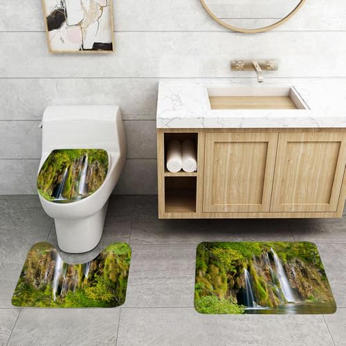 QRFASFZO 3 Stück Badematten und WC Vorleger Microfaser Weiches Badteppich badvorleger rutschfest Waschbar Badezimmerteppich Set,Natur, majestätischer Wasserfall, der zum Fluss im Nationalpark Fresh von QRFASFZO
