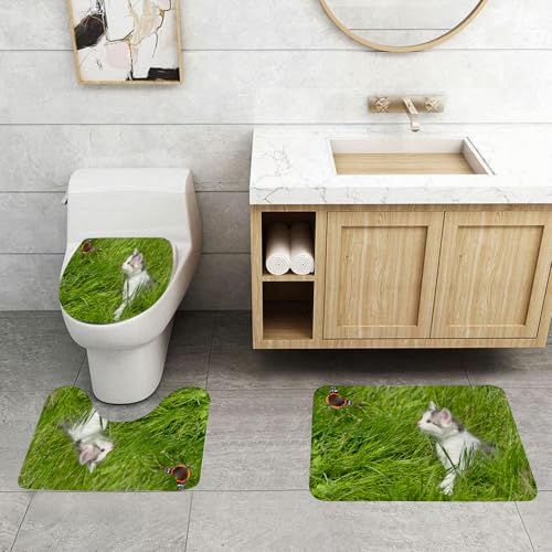 QRFASFZO 3 Stück Badematten und WC Vorleger Microfaser Weiches Badteppich badvorleger rutschfest Waschbar Badezimmerteppich Set,Natur, süße Katze beobachtet einen Schmetterling im Wiesengarten, Insp von QRFASFZO