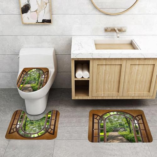 QRFASFZO 3 Stück Badematten und WC Vorleger Microfaser Weiches Badteppich badvorleger rutschfest Waschbar Badezimmerteppich Set,Natur draußen Fenster Landschaft Garten grüne Bäume Pflanzen Blätter B von QRFASFZO
