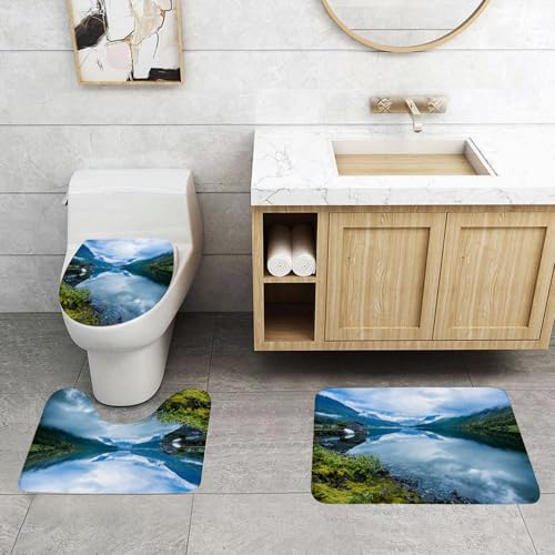 QRFASFZO 3 Stück Badematten und WC Vorleger Microfaser Weiches Badteppich badvorleger rutschfest Waschbar Badezimmerteppich Set,Natur- und Landschaftsfotografie mit Holzhütten, klarem Fluss und Berg von QRFASFZO