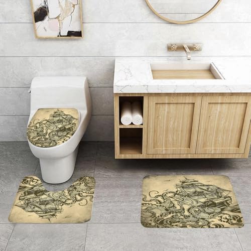 QRFASFZO 3 Stück Badematten und WC Vorleger Microfaser Weiches Badteppich badvorleger rutschfest Waschbar Badezimmerteppich Set,Nautisch, Ozean, Segelboot, Wellen und Oktopus, Kraken, Tentakeln, Hom von QRFASFZO