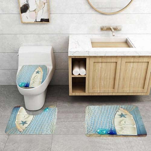QRFASFZO 3 Stück Badematten und WC Vorleger Microfaser Weiches Badteppich badvorleger rutschfest Waschbar Badezimmerteppich Set,Nautische Dekoration, Meeresobjekte auf Holz mit Vintage-Boot mit QRFASFZO 3 Stück Badematten und WC Vorleger Microfaser Weiches Badteppich badvorleger rutschfest Waschbar Badezimmerteppich Set,Nautische Dekoration, Meeresobjekte auf Holz mit Vintage-Boot mit von QRFASFZO