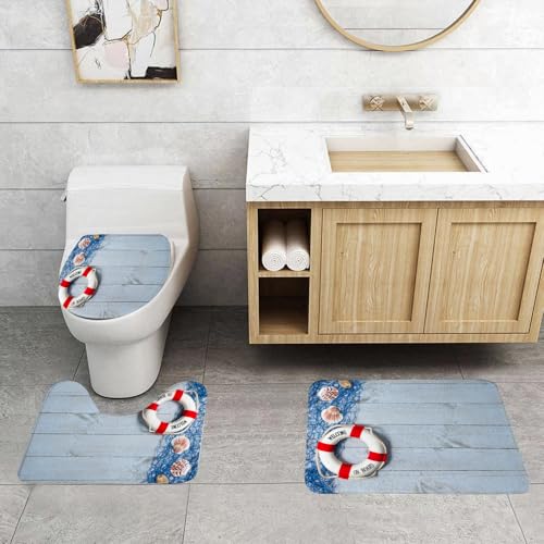 QRFASFZO 3 Stück Badematten und WC Vorleger Microfaser Weiches Badteppich badvorleger rutschfest Waschbar Badezimmerteppich Set,Nautischer Empfang, Rettungsmittel auf verwitterten Holzbrettern mit n von QRFASFZO