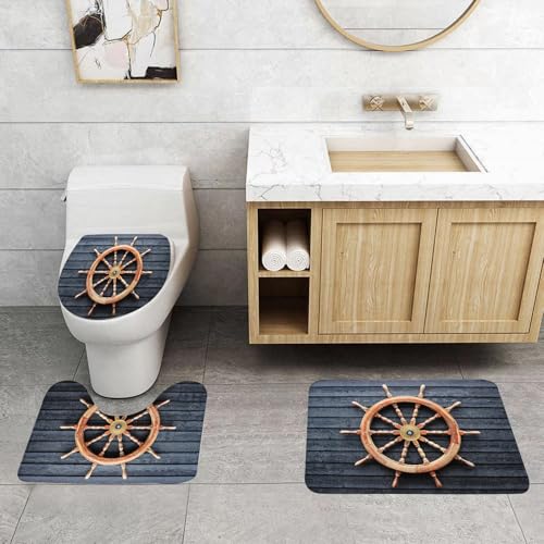 QRFASFZO 3 Stück Badematten und WC Vorleger Microfaser Weiches Badteppich badvorleger rutschfest Waschbar Badezimmerteppich Set,Nautisches Lenkrad, Räder eines alternden Schiffes auf einem dunkel ge QRFASFZO 3 Stück Badematten und WC Vorleger Microfaser Weiches Badteppich badvorleger rutschfest Waschbar Badezimmerteppich Set,Nautisches Lenkrad, Räder eines alternden Schiffes auf einem dunkel ge von QRFASFZO